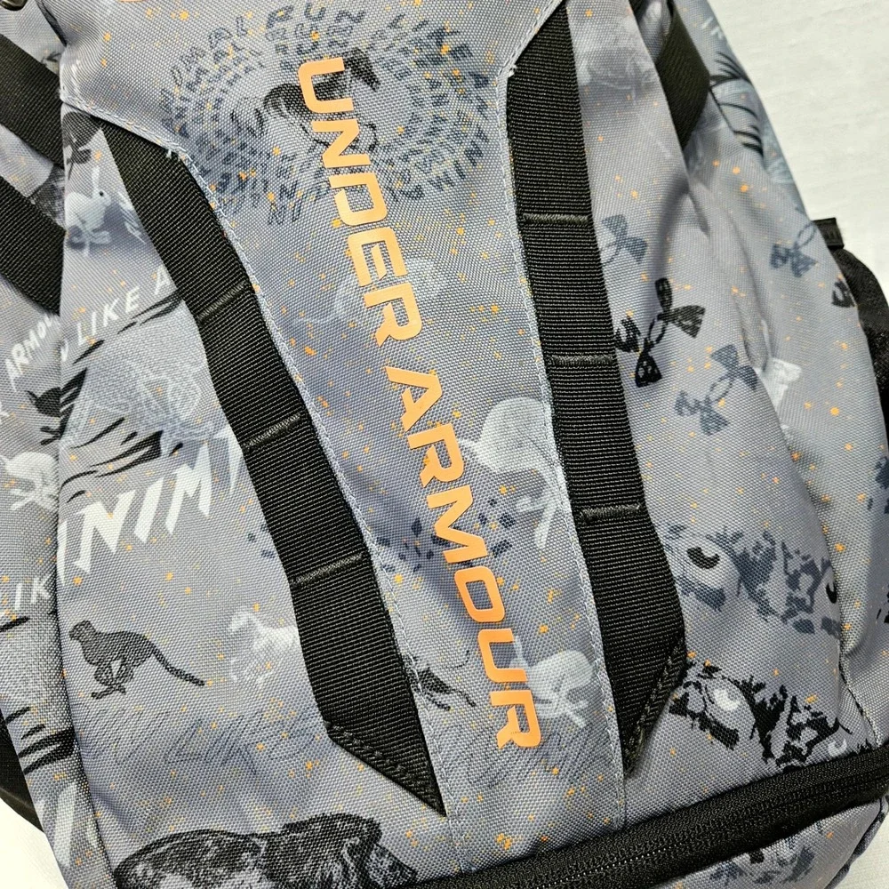 Under Armour Hustle 5.0 Storm Backpack Gray Orange Graphic Pack 1361176